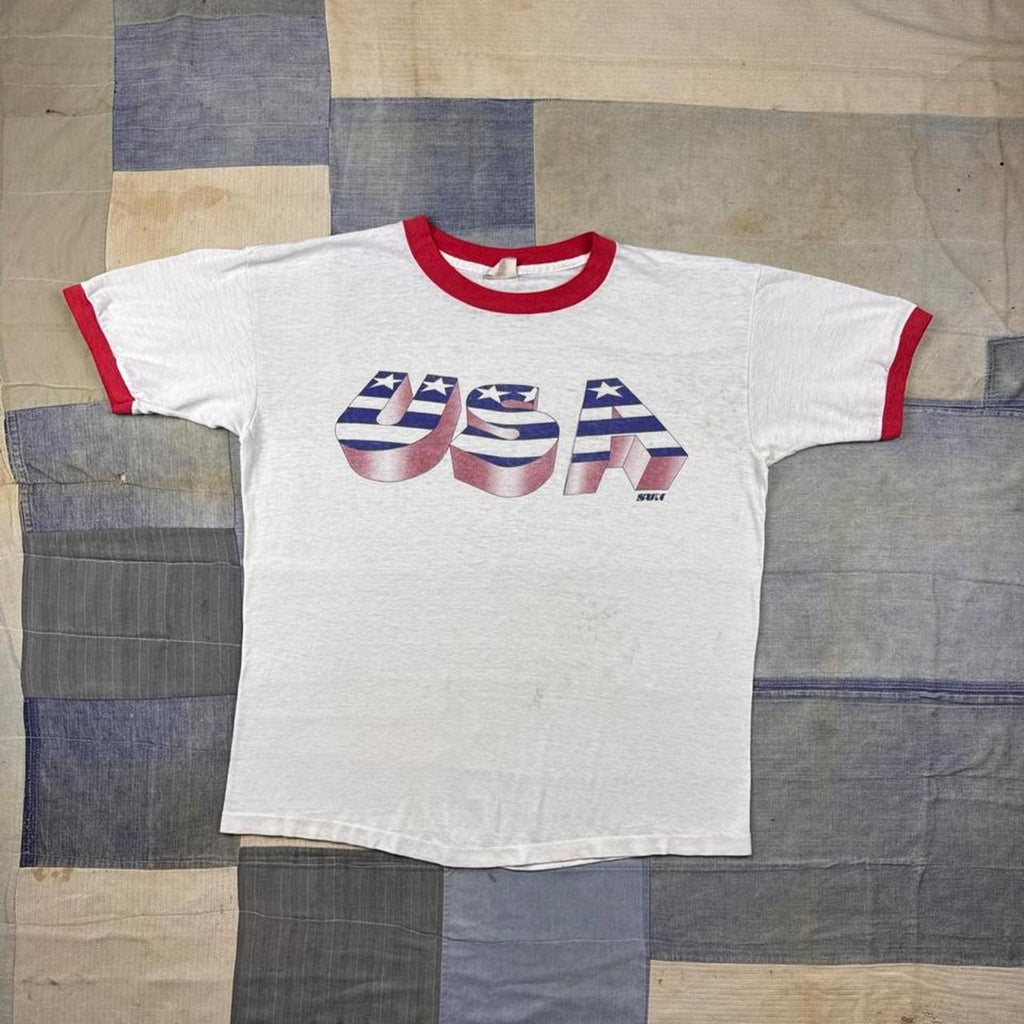 1980s USA Stars & Stripes Patriotic Ringer Tee White Red | Large