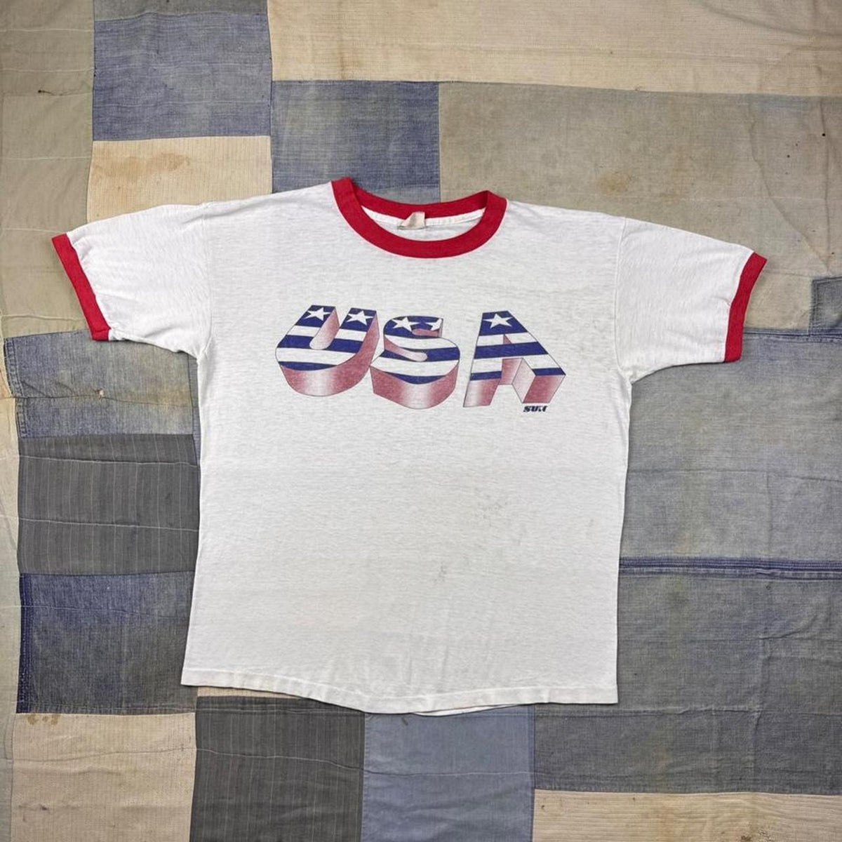1980s USA Stars & Stripes Patriotic Ringer Tee White Red | Large