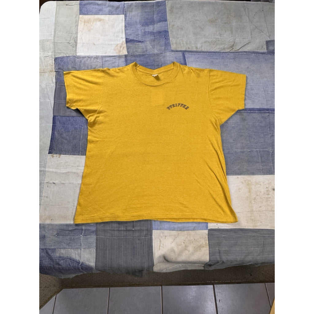 Vintage 60s Pfeiffer Beer Pocket Logo T Shirt Yellow Velva Sheen Made USA XL