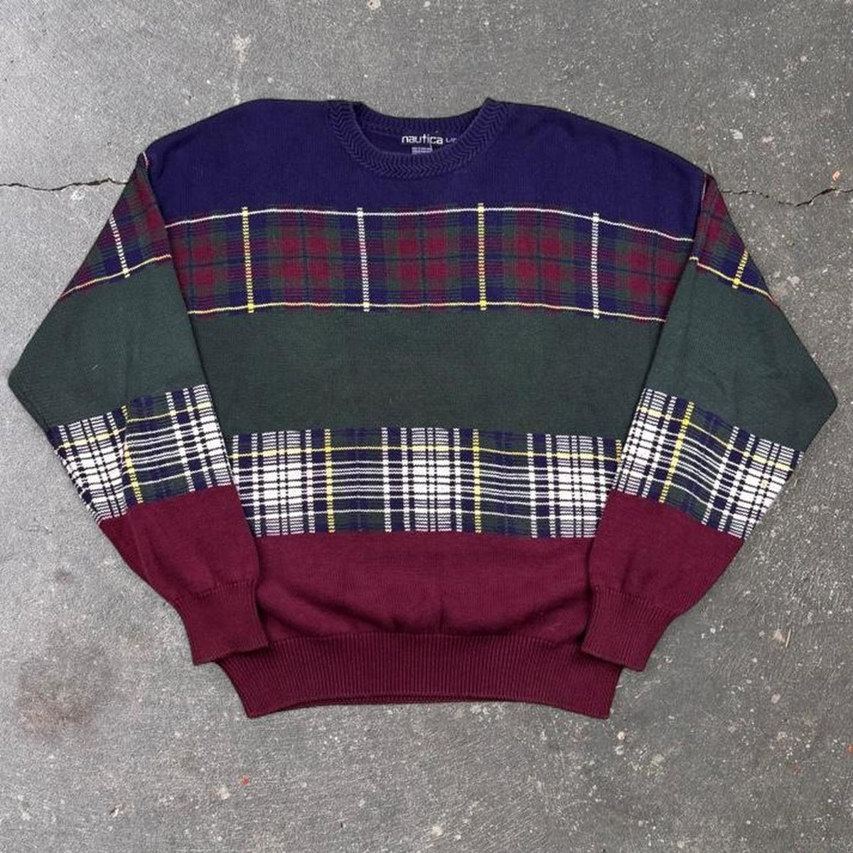 1990s Nautica Plaid Colorblock Cotton Sweater | Large