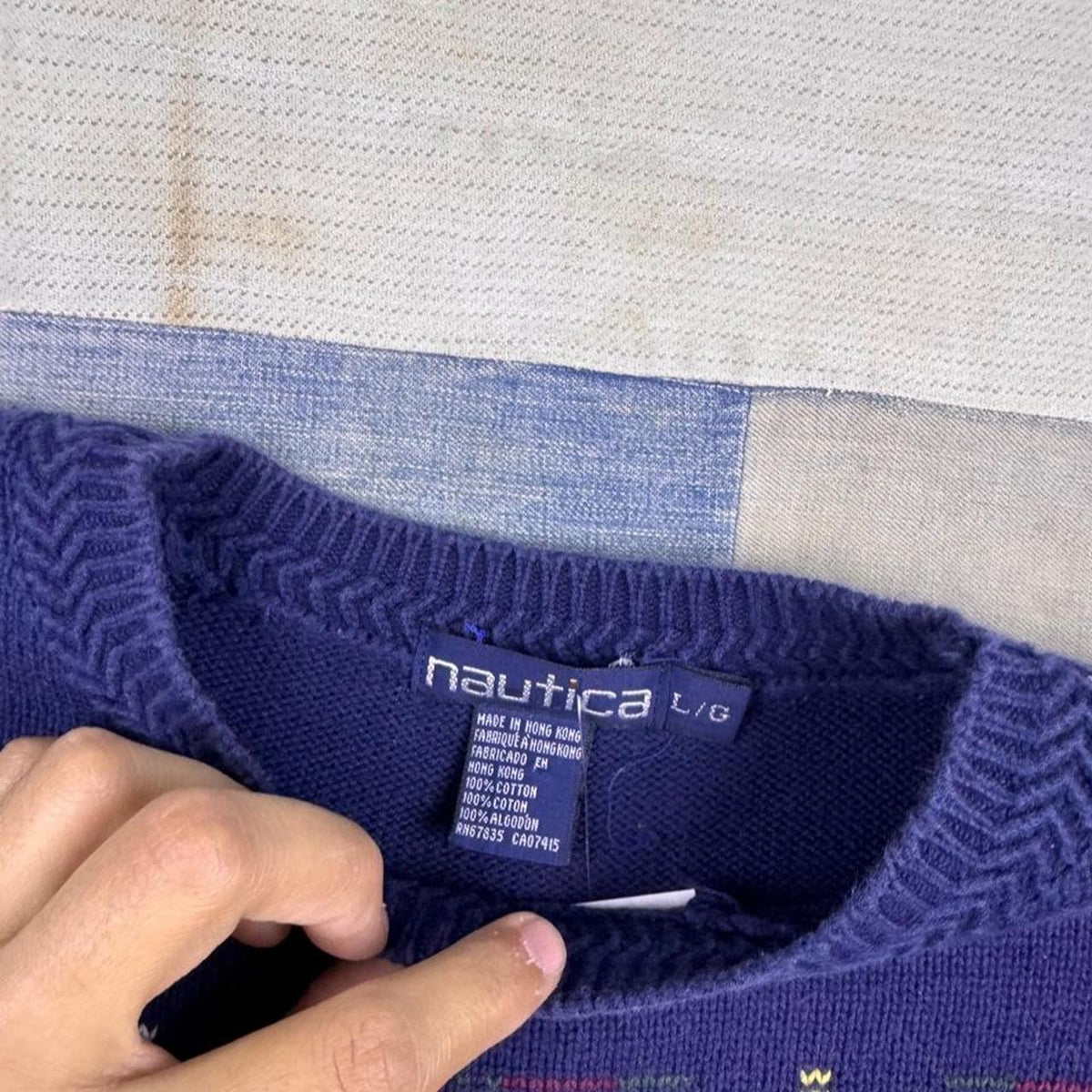 1990s Nautica Plaid Colorblock Cotton Sweater | Large