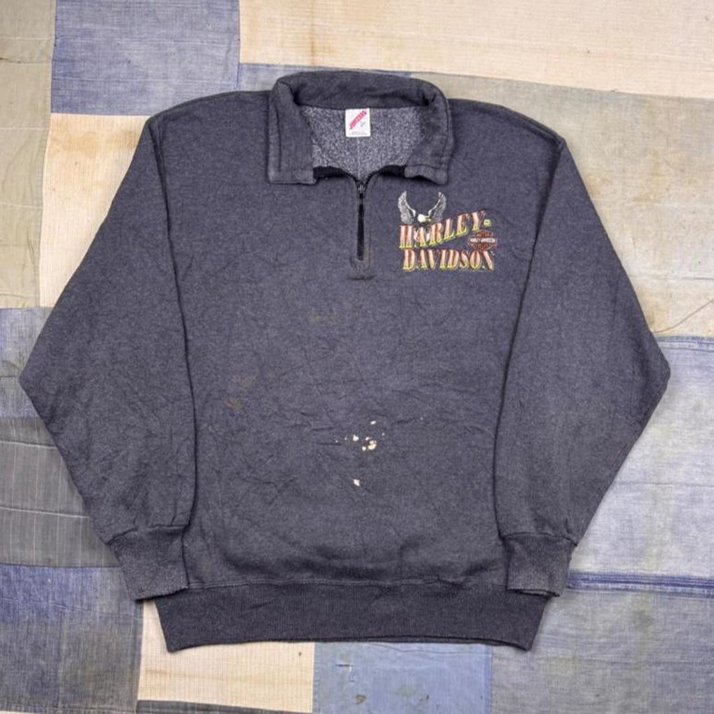 1980s Harley Davidson Quarter Zip Pullover Sweatshirt Los Angeles Fullerton Eagle | L