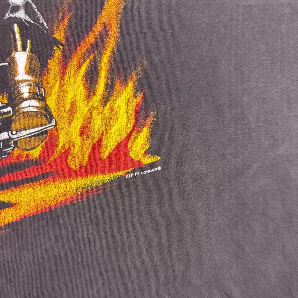 1990s Skeleton Biker Motorcycle Flame Graphic Black Tee | XXL