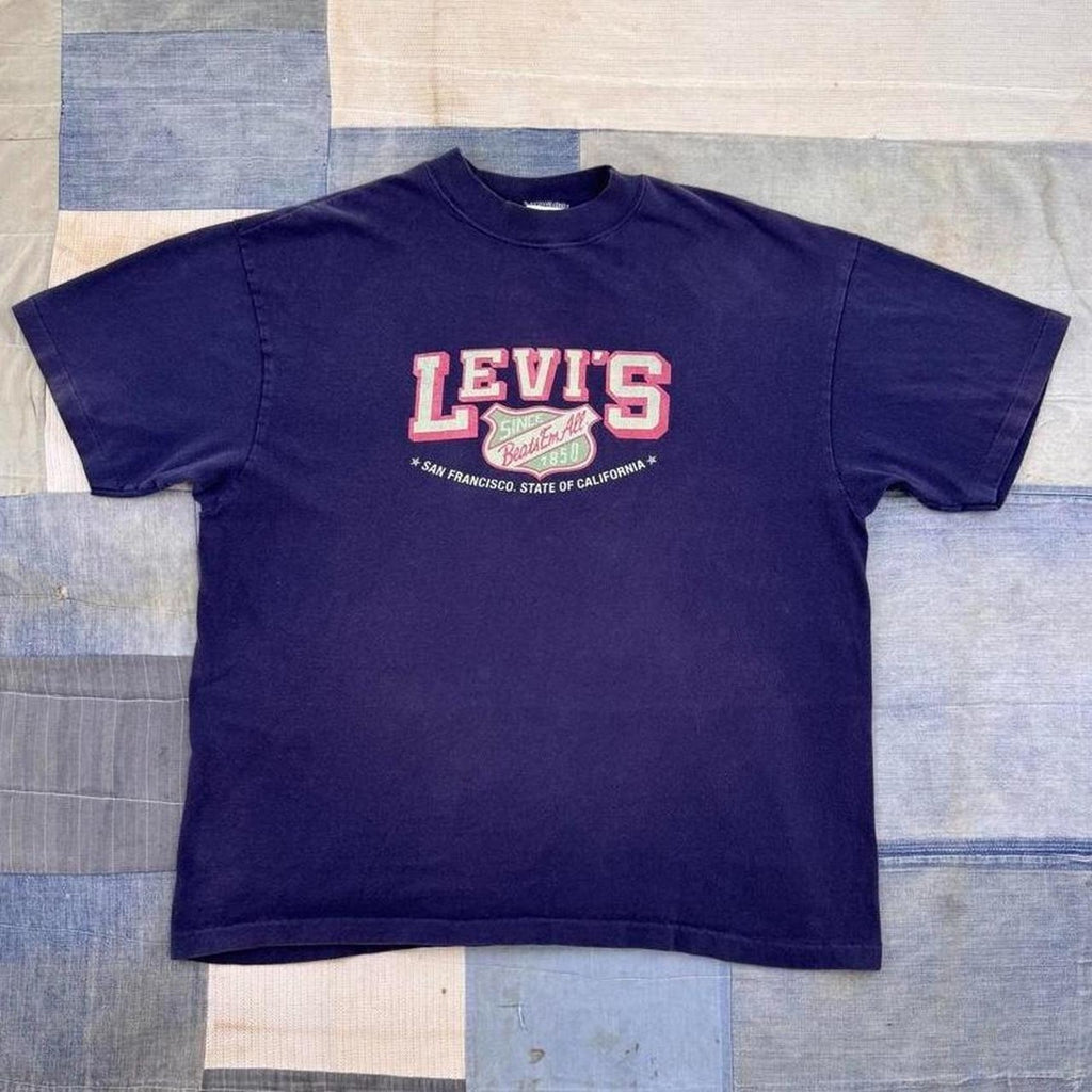 1990s Levi's Strauss Collegiate Logo Navy Graphic Tee | Small/Medium