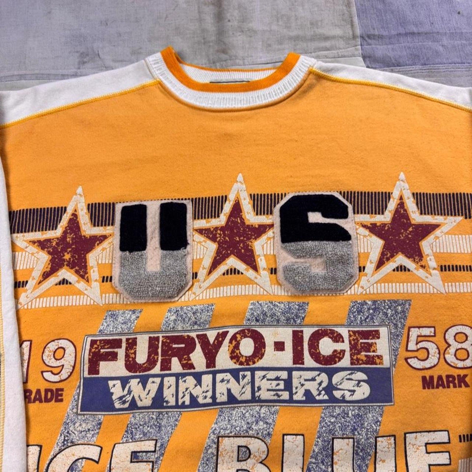 1990s Fury-O Ice Blue Winners Chenille Patch Crewneck Sweatshirt | XL