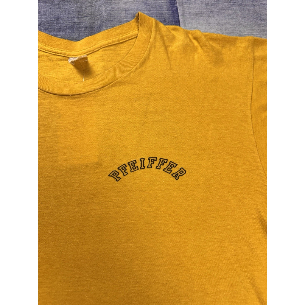 Vintage 60s Pfeiffer Beer Pocket Logo T Shirt Yellow Velva Sheen Made USA XL