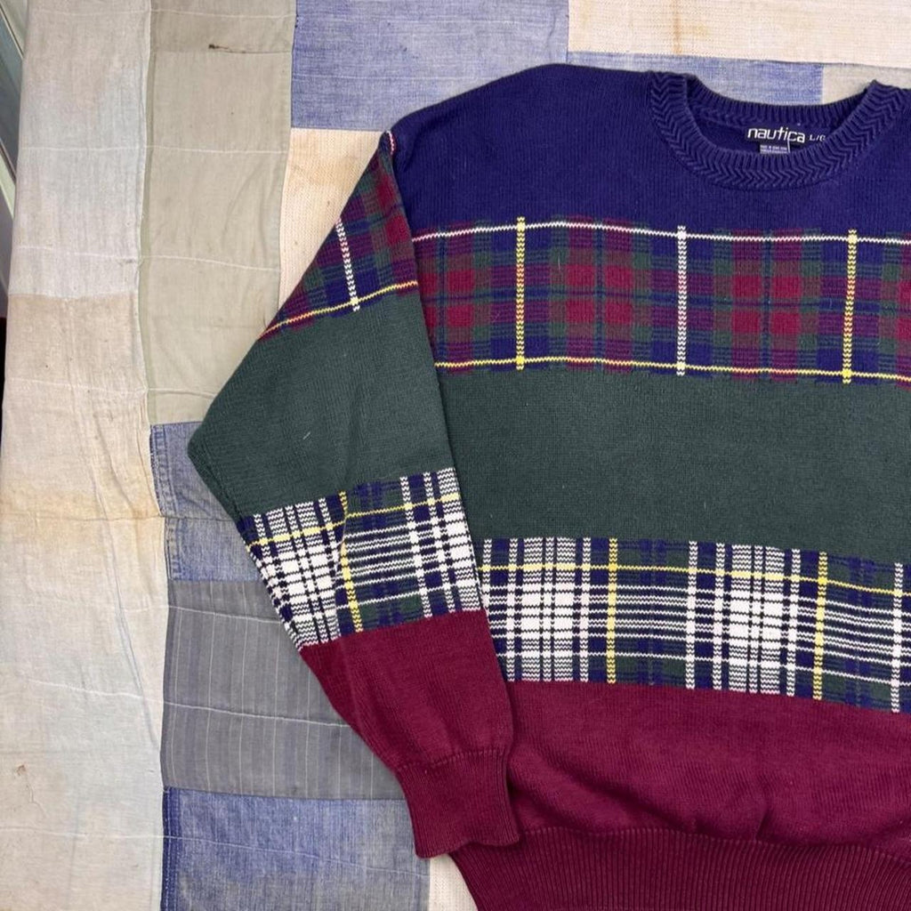 1990s Nautica Plaid Colorblock Cotton Sweater | Large