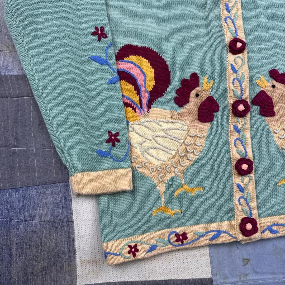 1990s Storybook Knits Rooster Embroidered Cardigan Sweater | Small