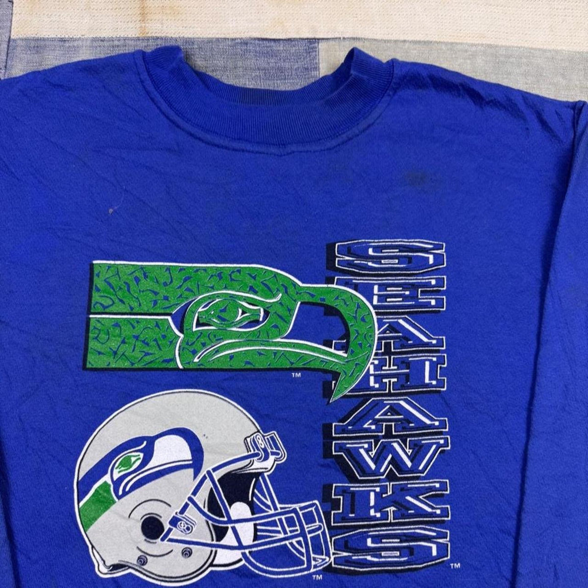 1990s Seattle Seahawks Crewneck Sweatshirt Blue NFL Graphic | Youth L 14-16