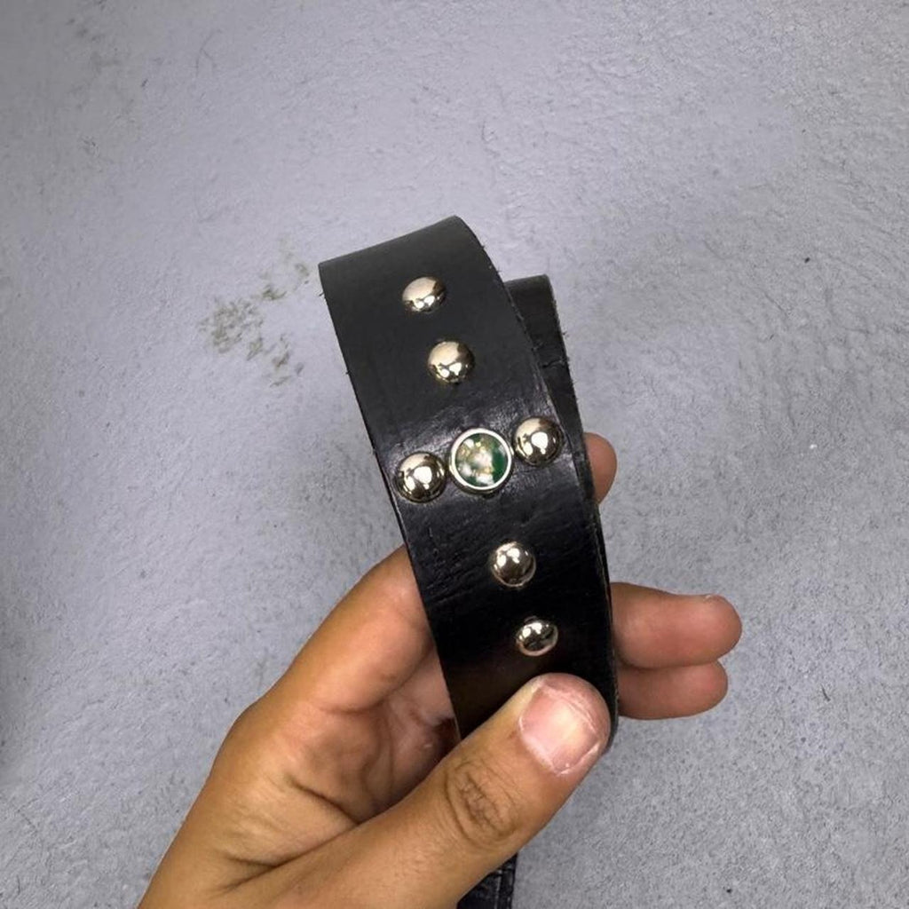 1990s JOED Black Leather Turquoise Studded Belt | Size 36