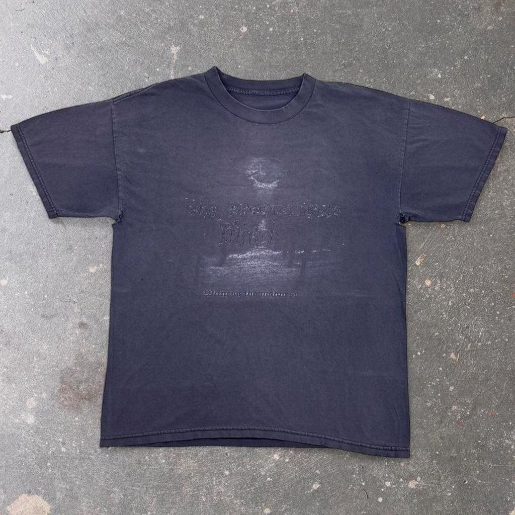 1990s Faded Black Mystery Graphic Tee Distressed Ghost Print | Large