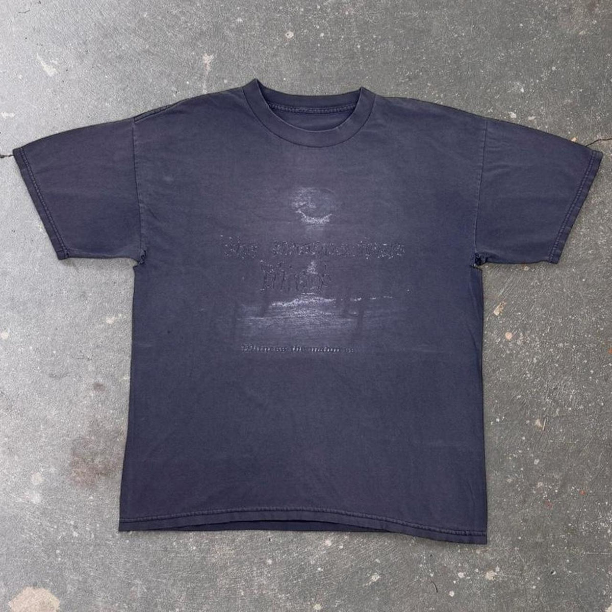 1990s Faded Black Mystery Graphic Tee Distressed Ghost Print | Large