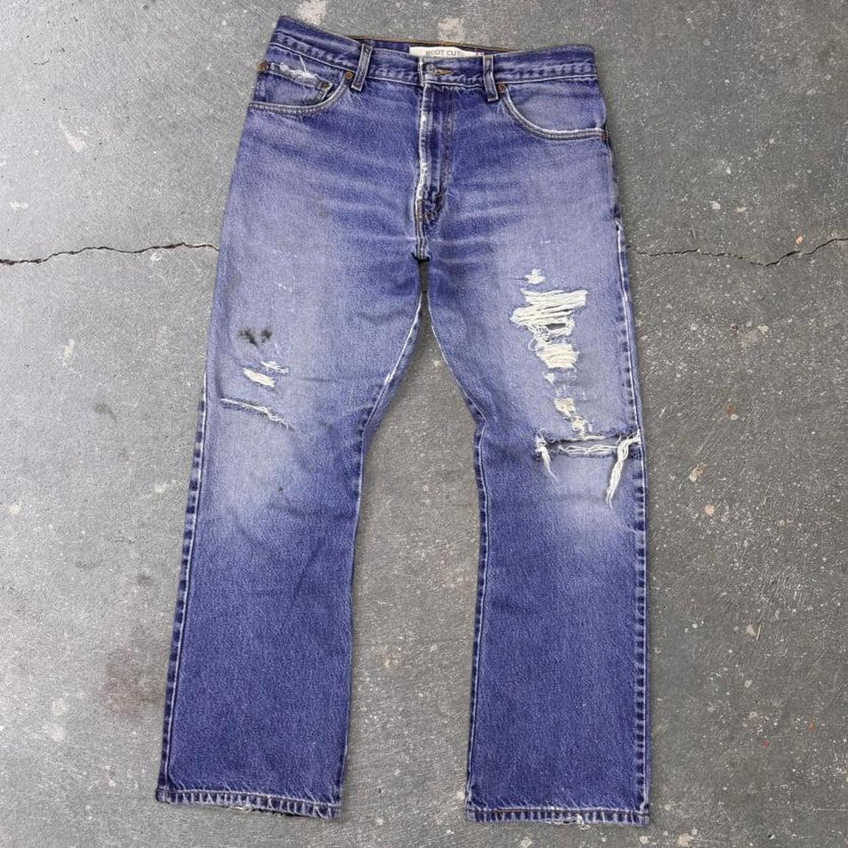 2000s Levi's 517 Boot Cut Distressed Faded Blue Denim Jeans Made in Dominican Republic | 32 x 28.5