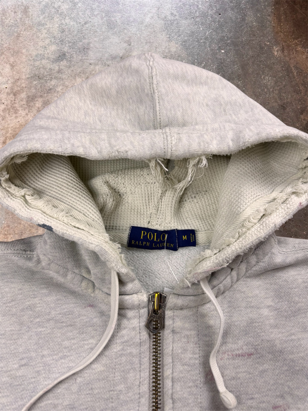 2010s Distressed & Paint Splattered Polo Ralph Lauren Grey Zip Up | Medium
