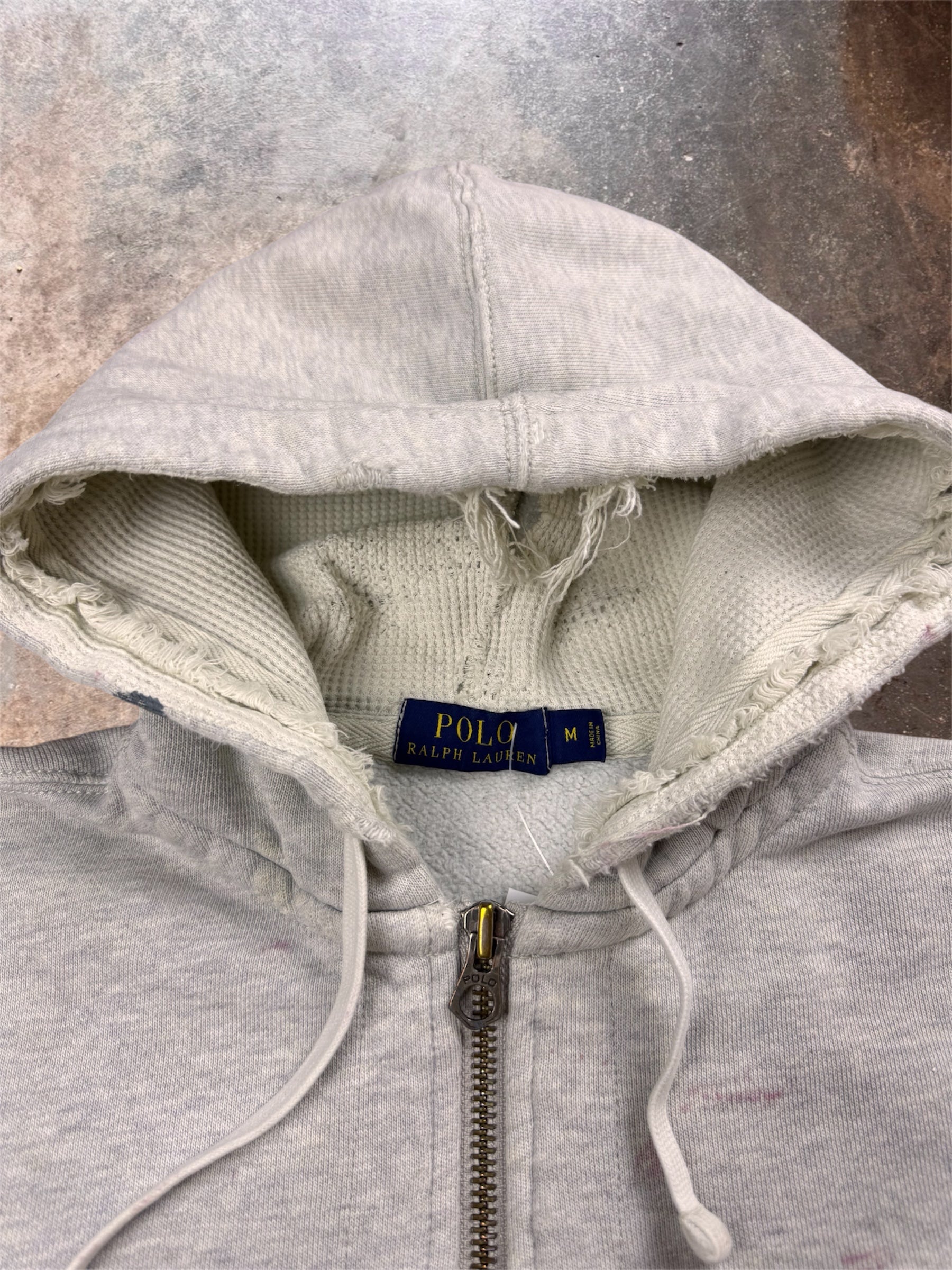 2010s Distressed & Paint Splattered Polo Ralph Lauren Grey Zip Up | Medium
