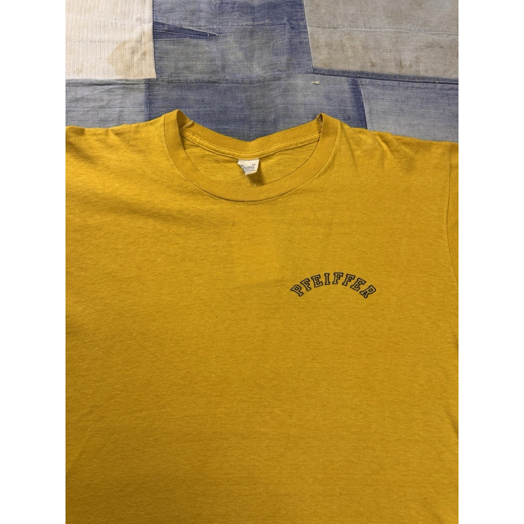 Vintage 60s Pfeiffer Beer Pocket Logo T Shirt Yellow Velva Sheen Made USA XL