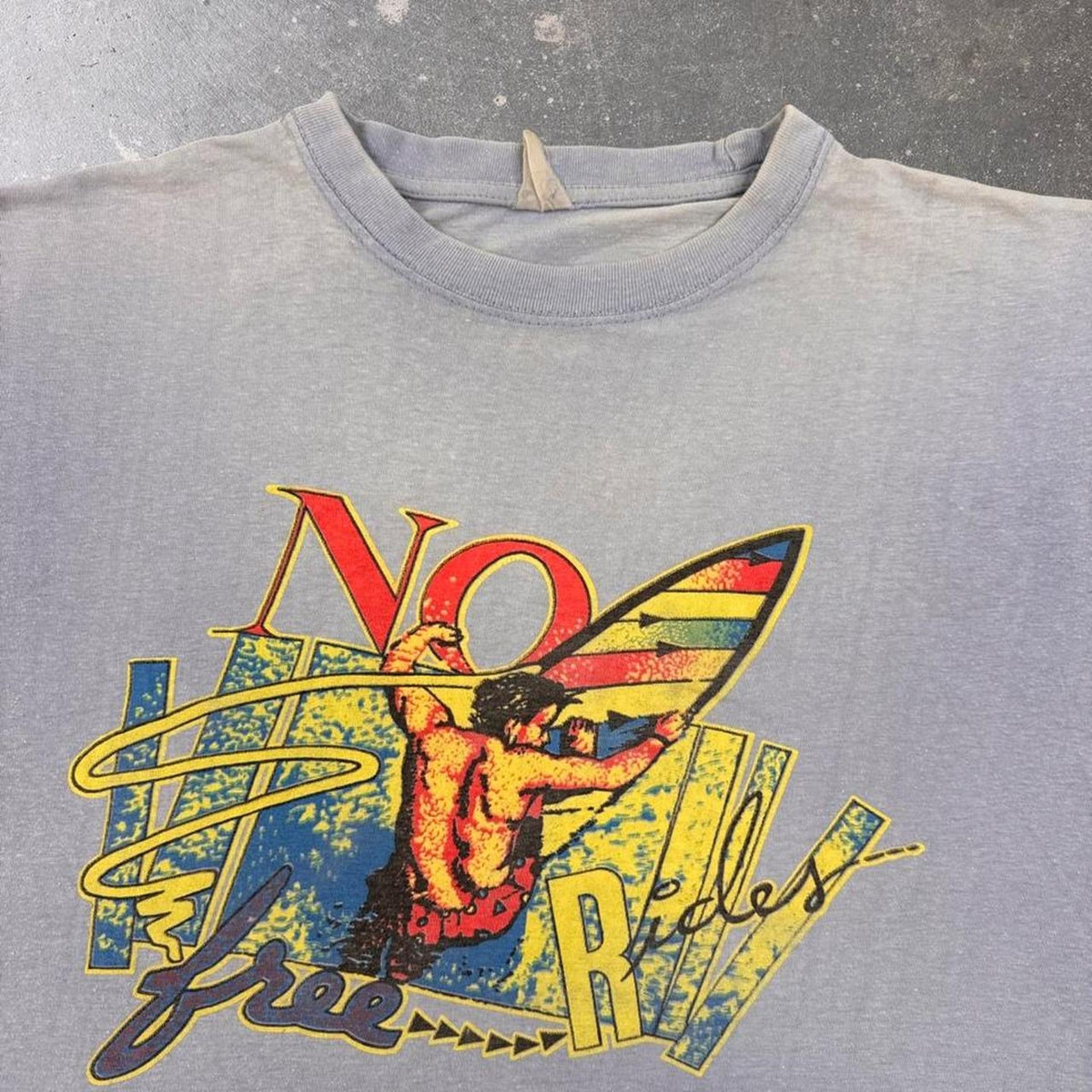 1990s No Free Rides Surf Graphic Tee Light Blue | Large