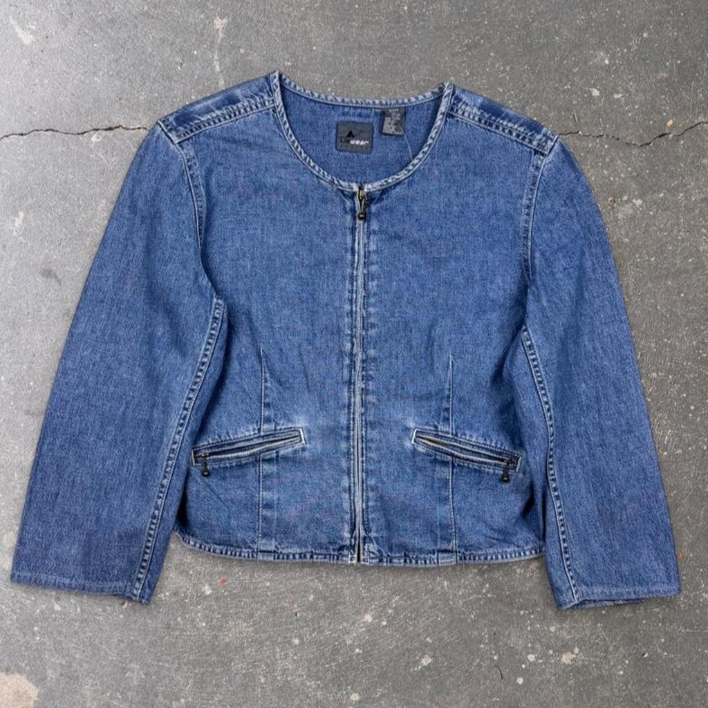1990s Lizwear Petites Collarless Denim Zip Jacket | Medium