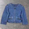 1990s Lizwear Petites Collarless Denim Zip Jacket | Medium