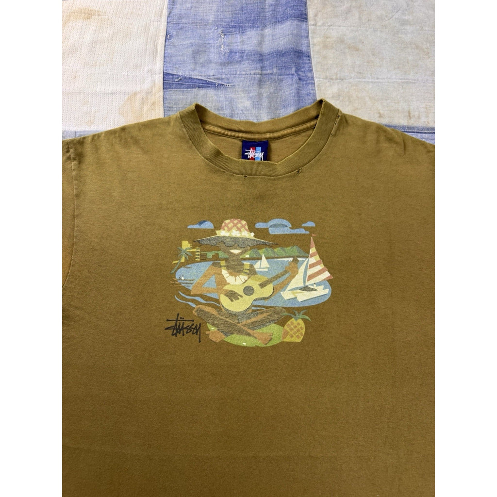 Stussy Surf Musician Vintage Graphic T Shirt USA Made Brown Size Medium Rare