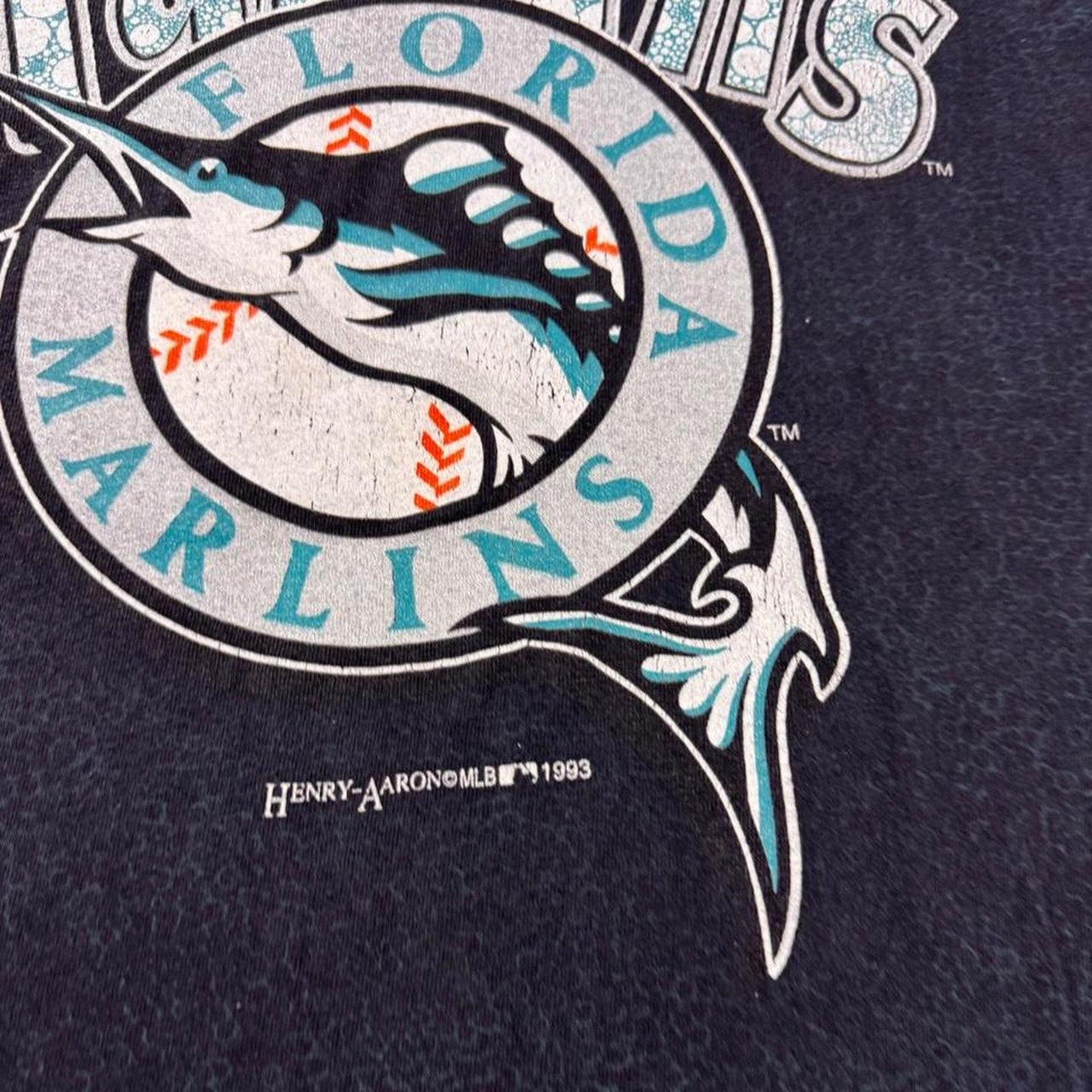 1993 Florida Marlins Henry-Aaron Crackle Print Tee | Large
