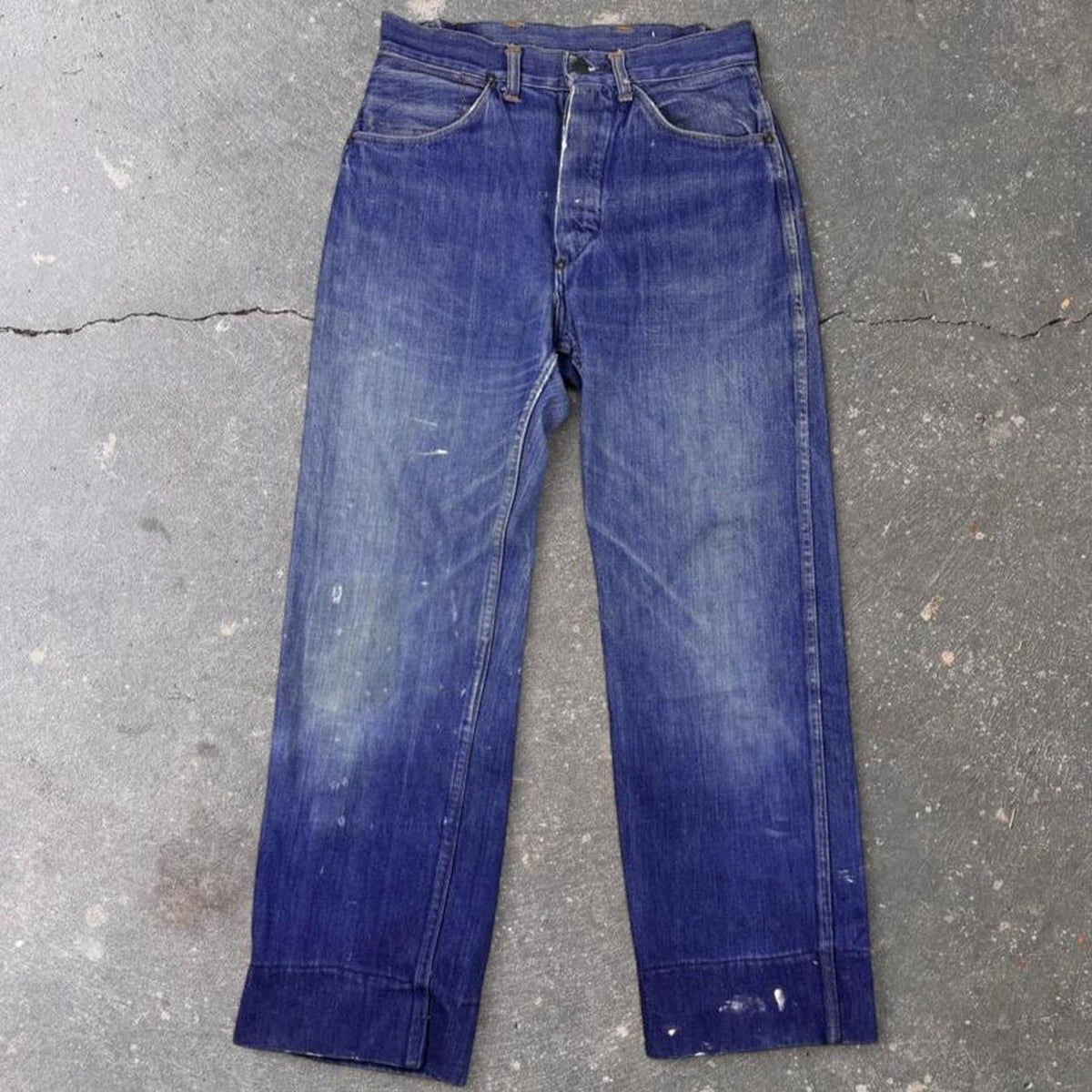 1940s Distressed Denim Jeans Crotch Rivet Donut Button Vanderbilt Patch 29x27.5