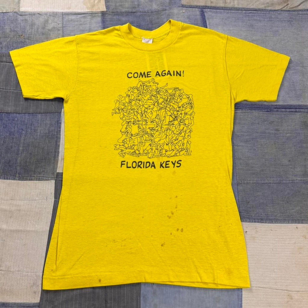 1970s Florida Keys Come Again T Shirt with black line drawing of a orgy Sz small
