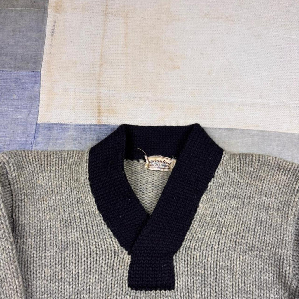 1950s Guaranteed 100% All Wool Two Tone Shawl Collar Sweater | Medium