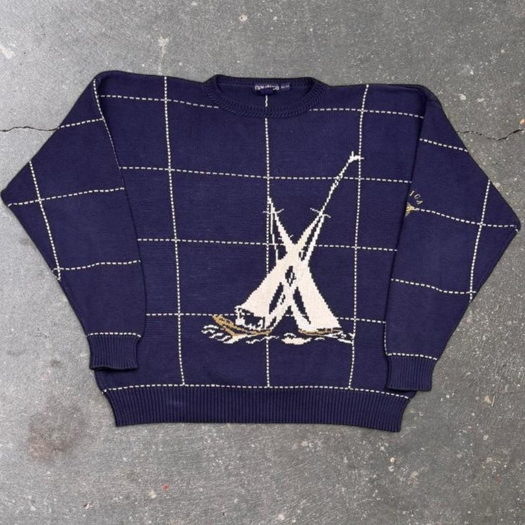 1990s Nautica Sailboat Windowpane Sweater | XL