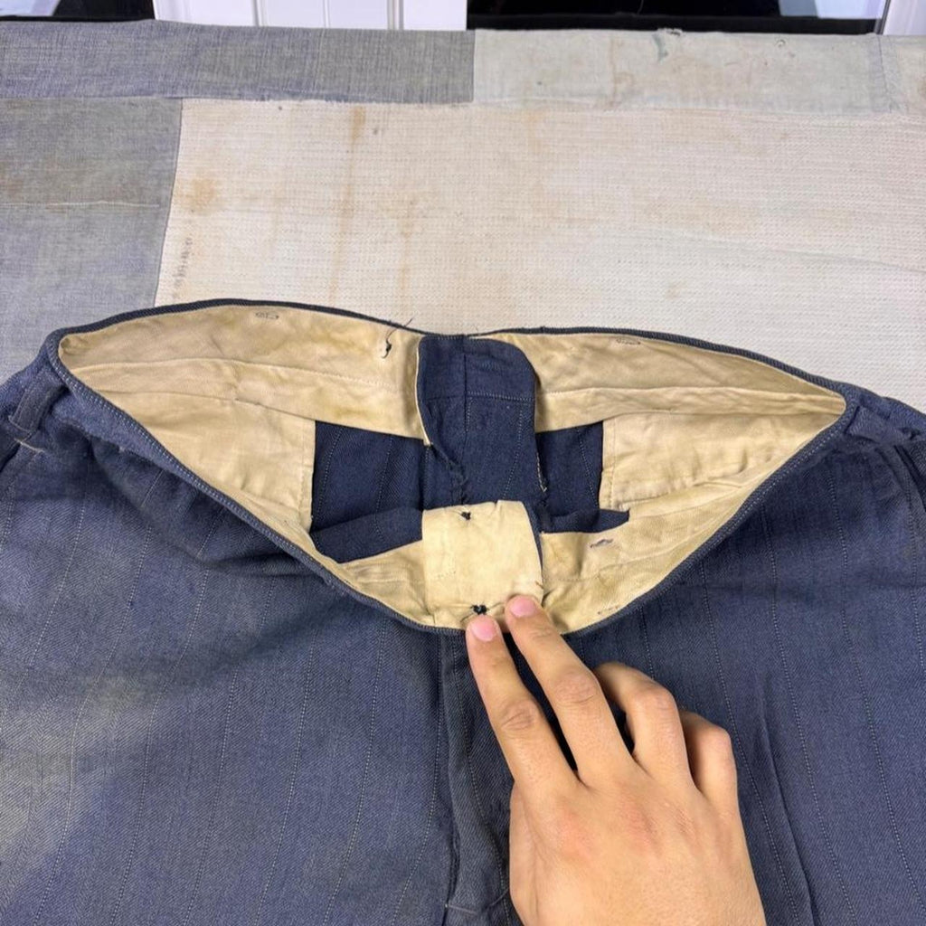 1940s Navy Blue Pinstripe Wool Button Fly Trousers | 32 x 29