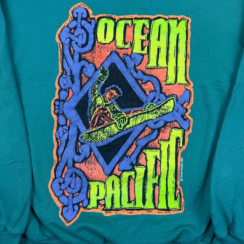 1990s Ocean Pacific Crewneck Sweatshirt Teal Neon Surf Graphic 1992 | M