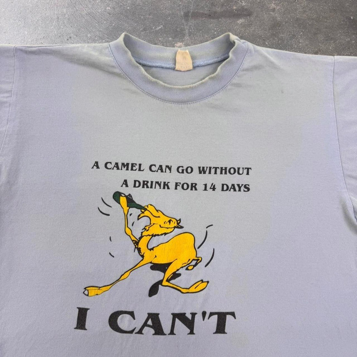 1990s Camel Drinking Humor Light Blue Graphic Tee | Medium