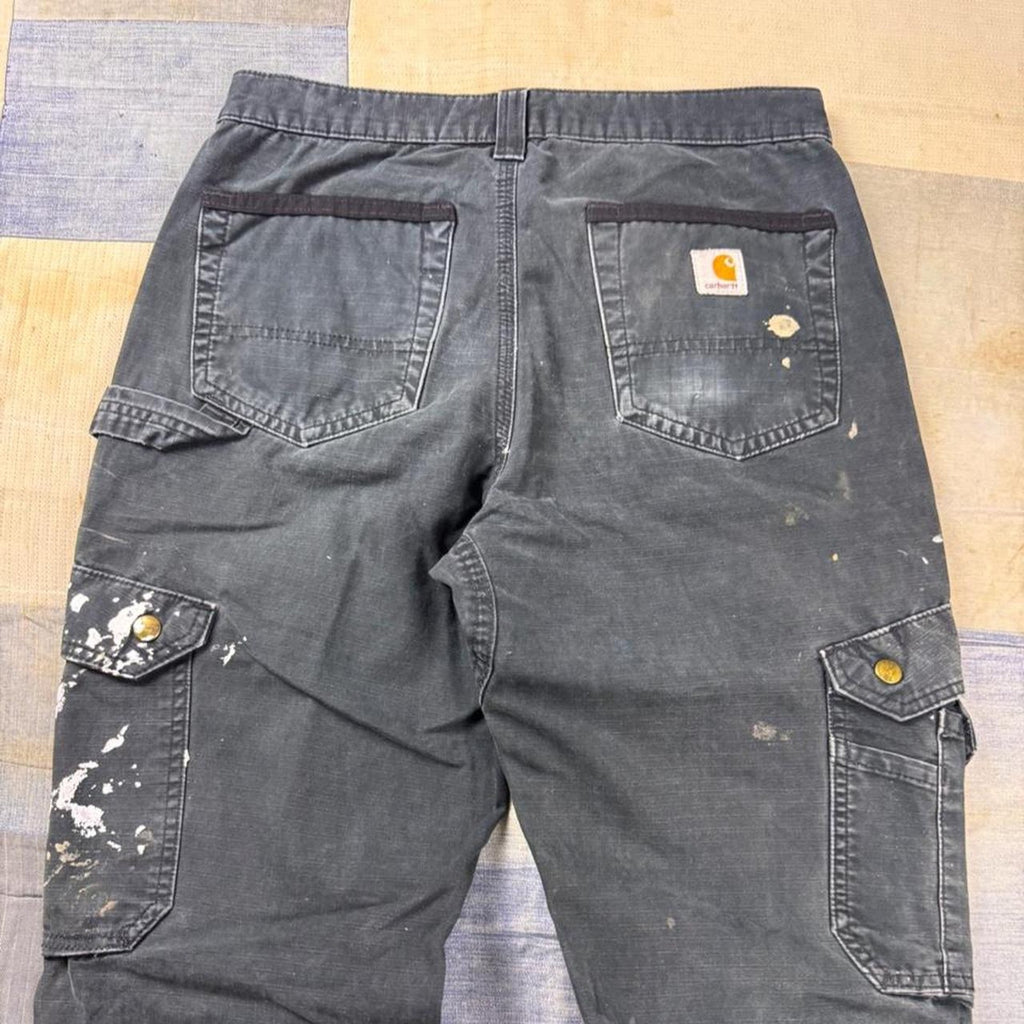 2000s Carhartt Black Ripstop Cargo Work Pants Distressed Paint Splatter | 30x30