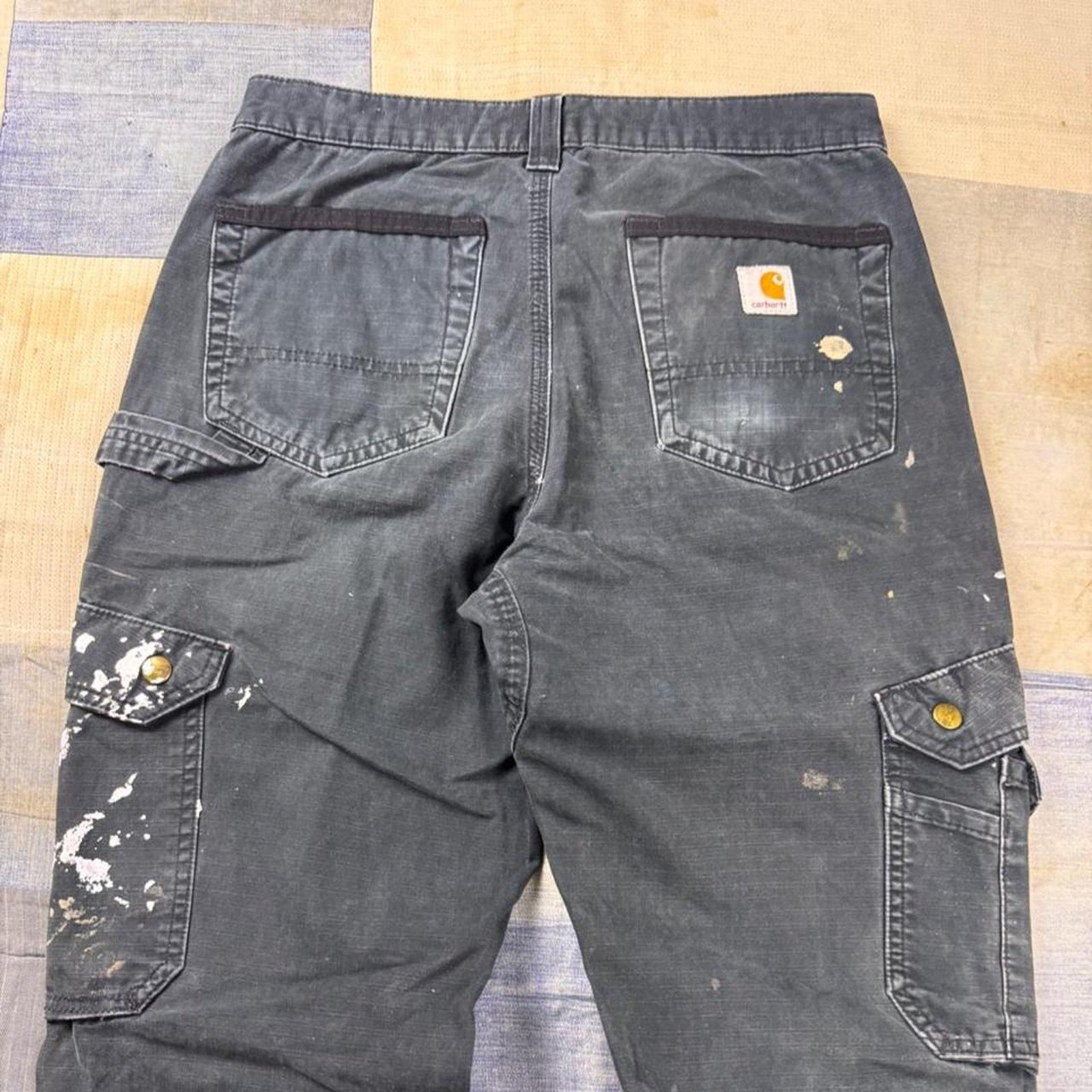 2000s Carhartt Black Ripstop Cargo Work Pants Distressed Paint Splatter | 30x30