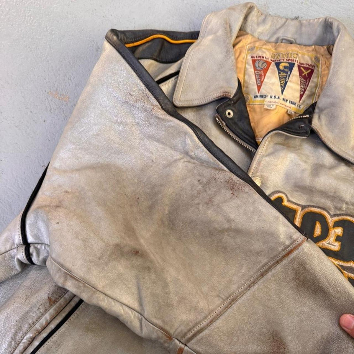 1990s Avirex The Kings Gold Kickoff Leather Varsity Jacket | 3XL