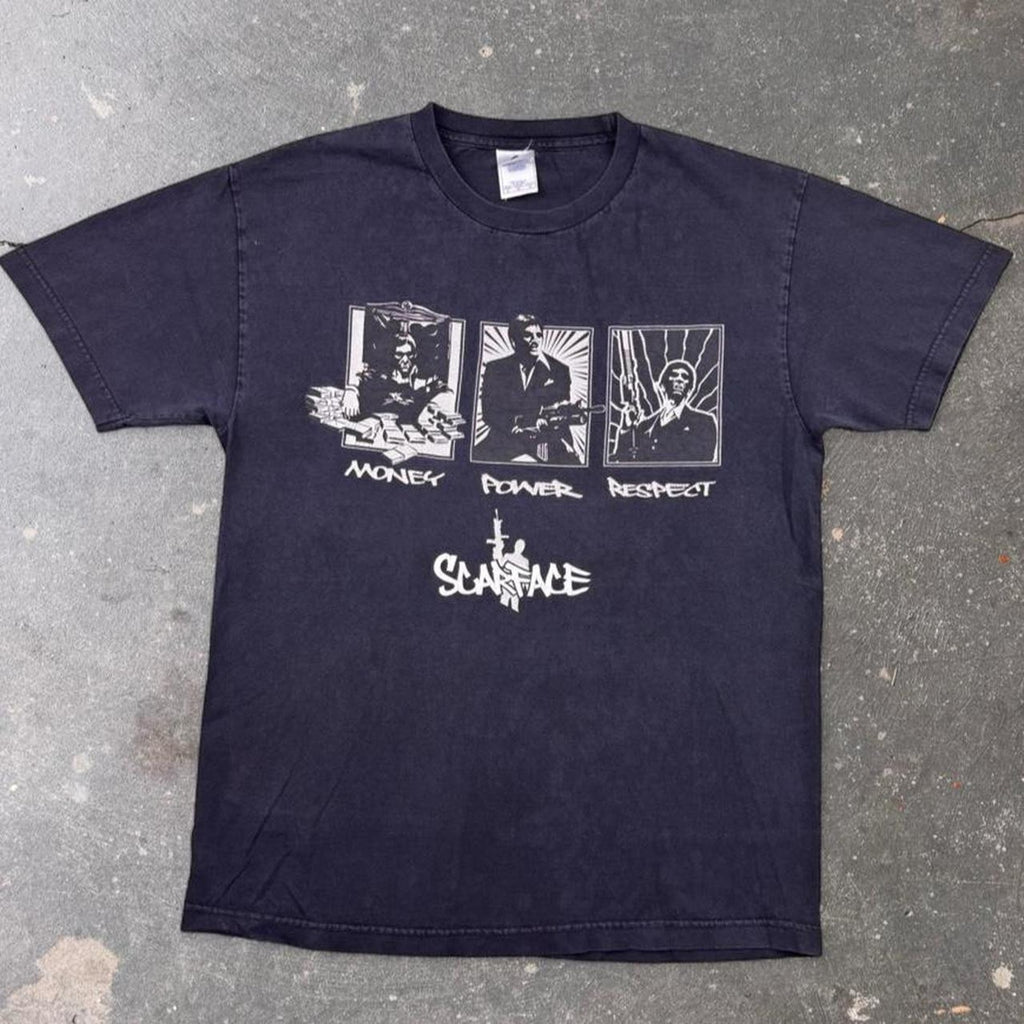 2000s Scarface Tony Montana Money Power Respect Black Graphic Tee | Large