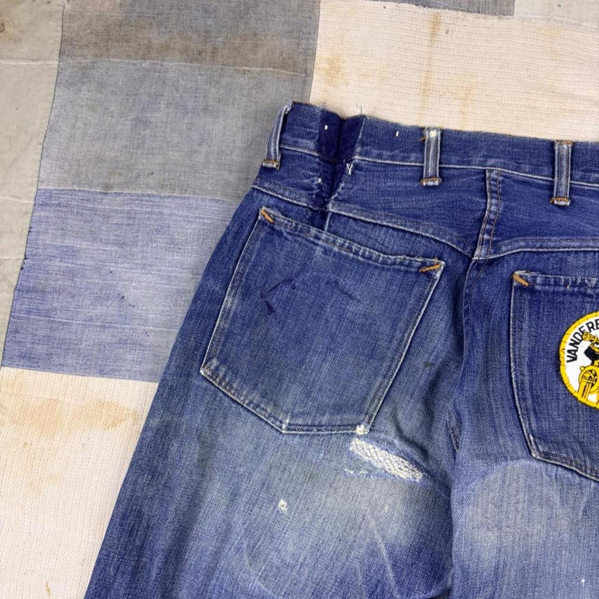 1940s Distressed Denim Jeans Crotch Rivet Donut Button Vanderbilt Patch 29x27.5