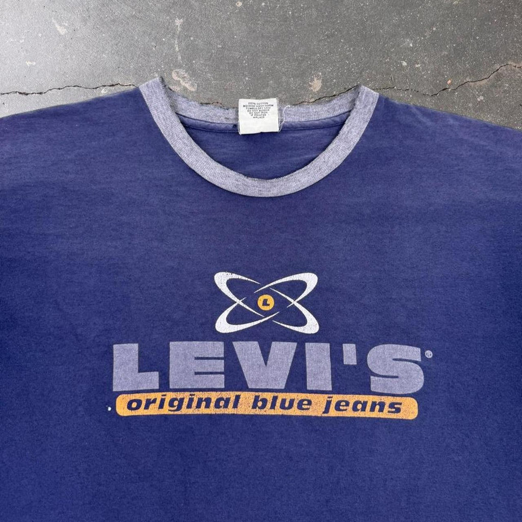 1990s Levi's Original Blue Jeans Atomic Logo Ringer Tee Made in USA | Large
