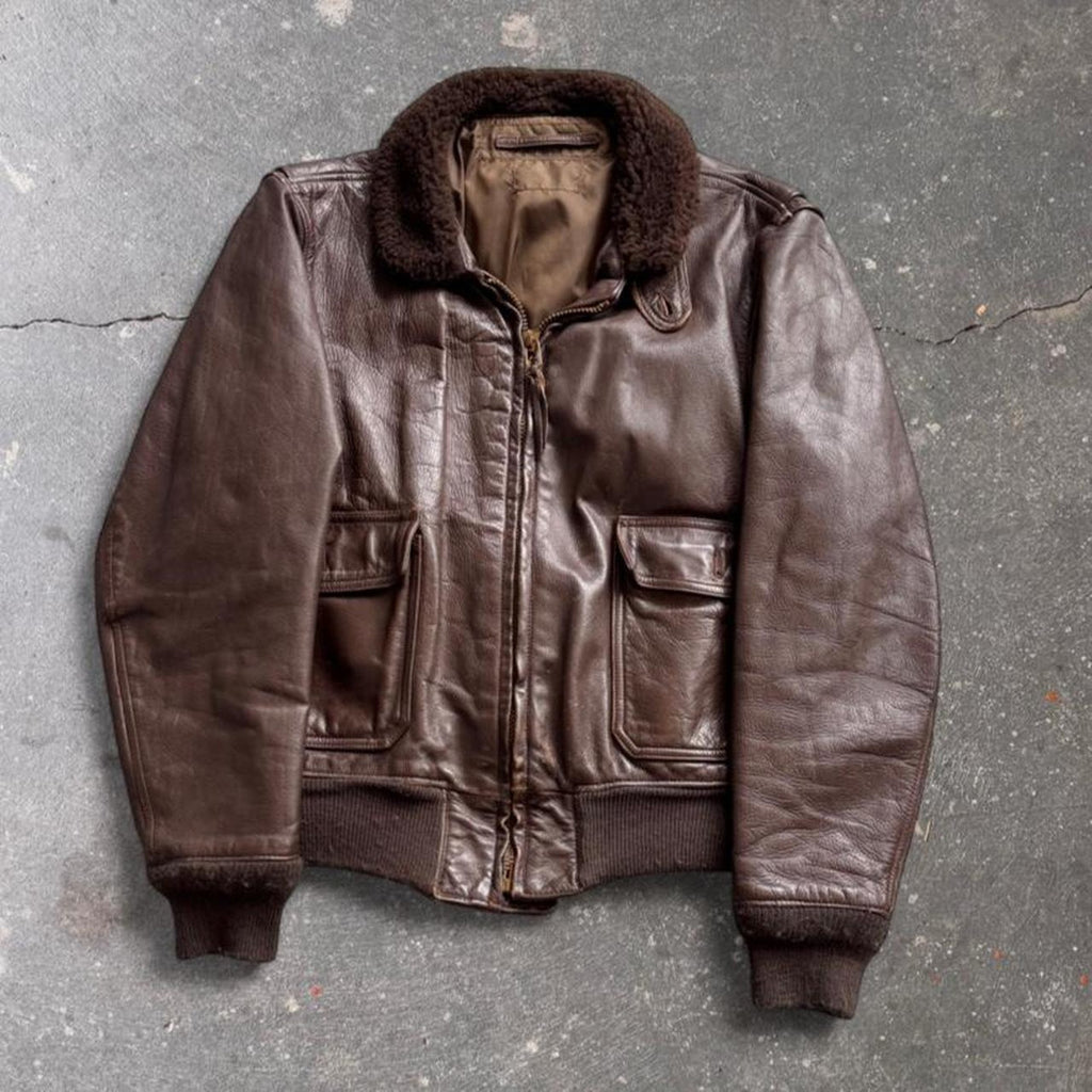 1970s–80s USN G-1 Brown Leather Flight Jacket Mouton Collar Serval Zipper