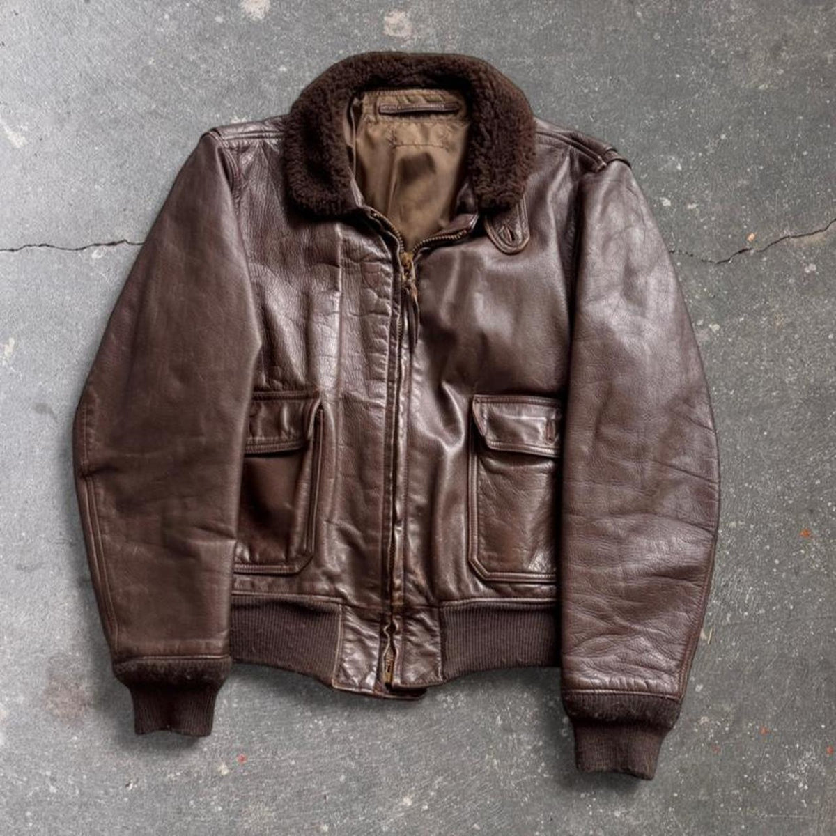 1970s–80s USN G-1 Brown Leather Flight Jacket Mouton Collar Serval Zipper