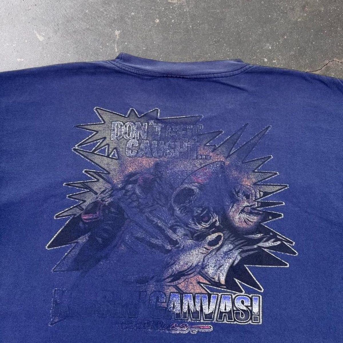 2000s Faded Navy “Don't Get Caught” Graphic Tee Front & Back Print | Extra Large