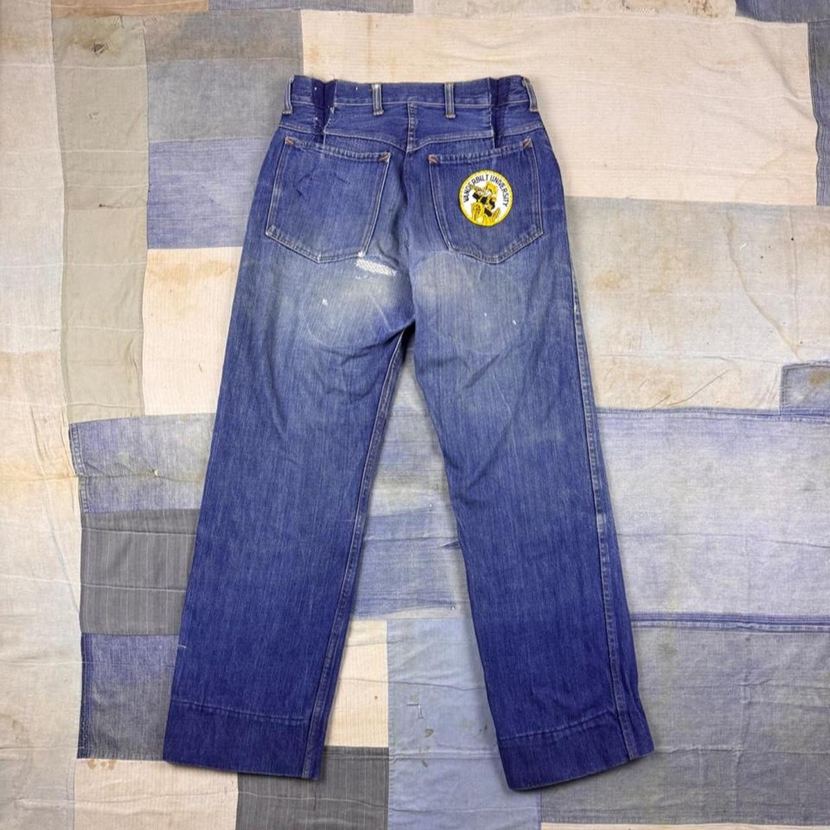 1940s Distressed Denim Jeans Crotch Rivet Donut Button Vanderbilt Patch 29x27.5