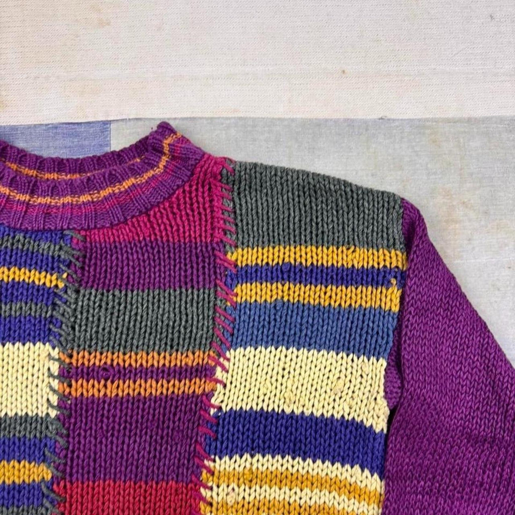 1990s Structure Hand Knit Sweater Multicolor Diamond Cable Knit Grandpa | M