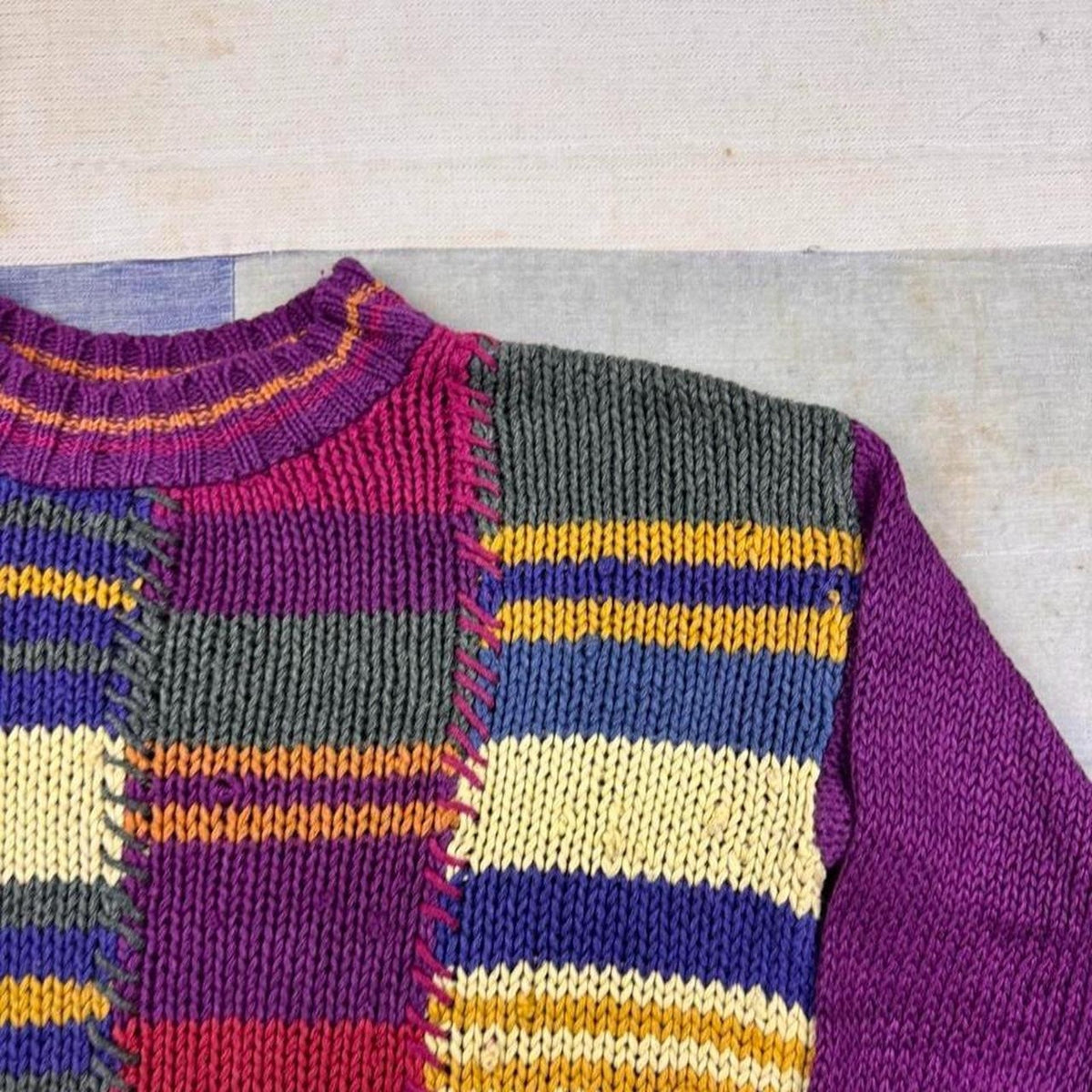 1990s Structure Hand Knit Sweater Multicolor Diamond Cable Knit Grandpa | M