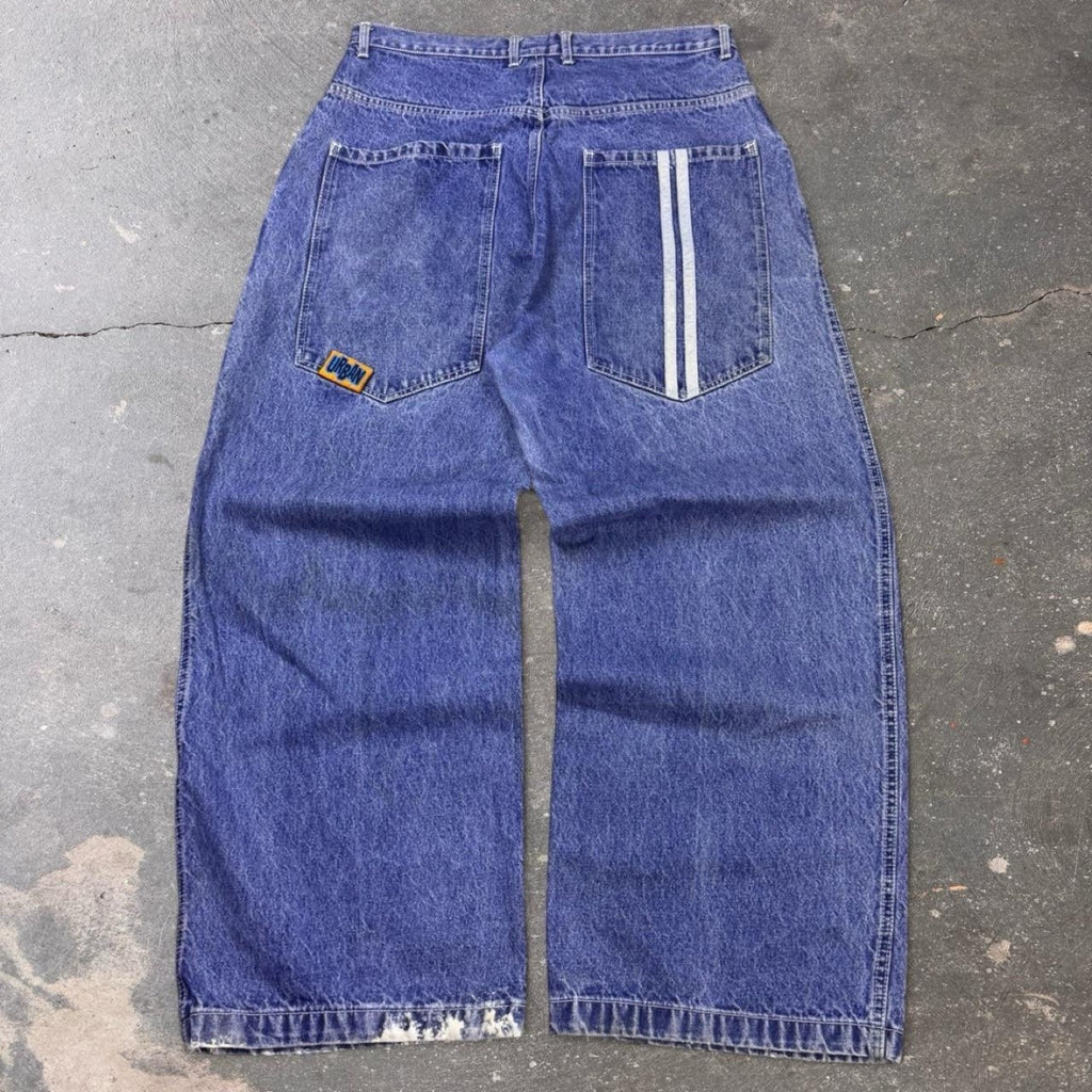 Y2K Urban Brand Wide Leg Baggy Skater Hiphop Jeans With Embroidery Size 34x30.5