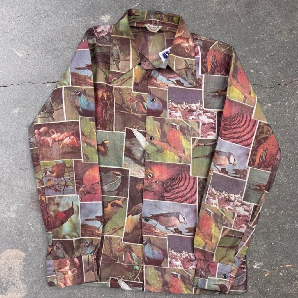 1970s Piccini Bird Photo Collage Novelty Disco Shirt | Medium