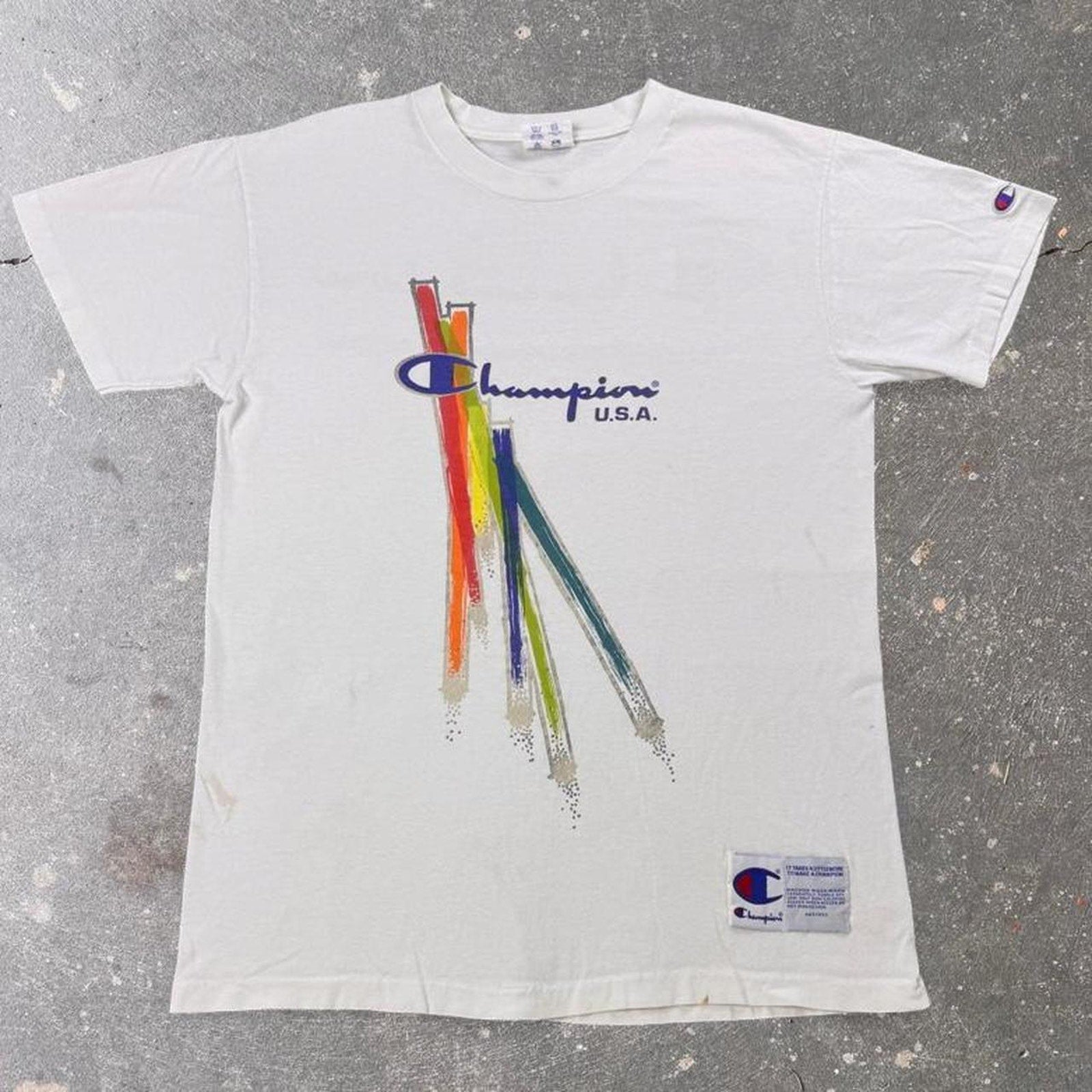 1990s Champion U.S.A. Spell Out Double-Sided Graphic Tee | Medium