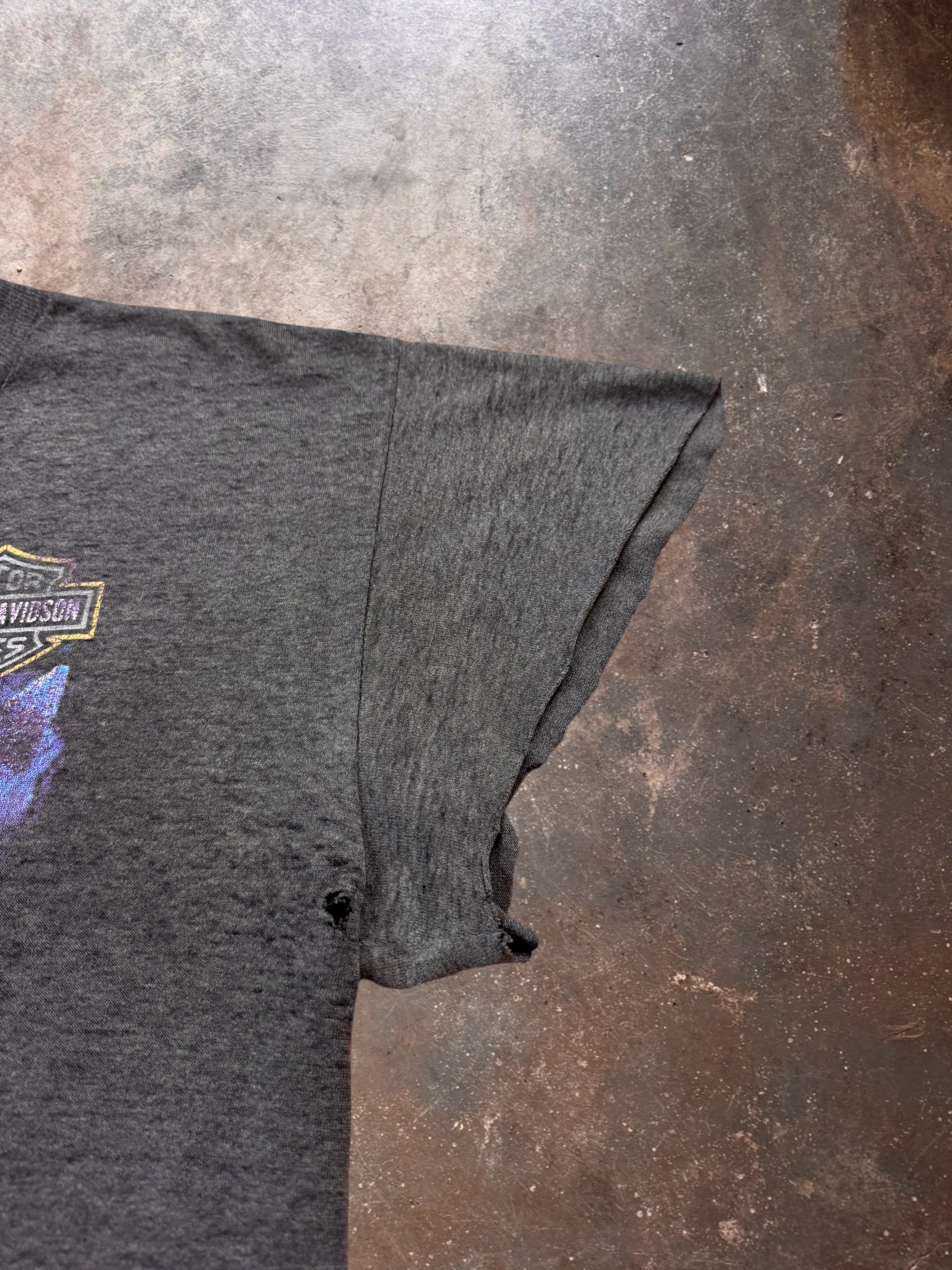 1980s Harley Davidson Heavily Distressed Leader of The Pack 3D Emblem Black T Shirt | Medium