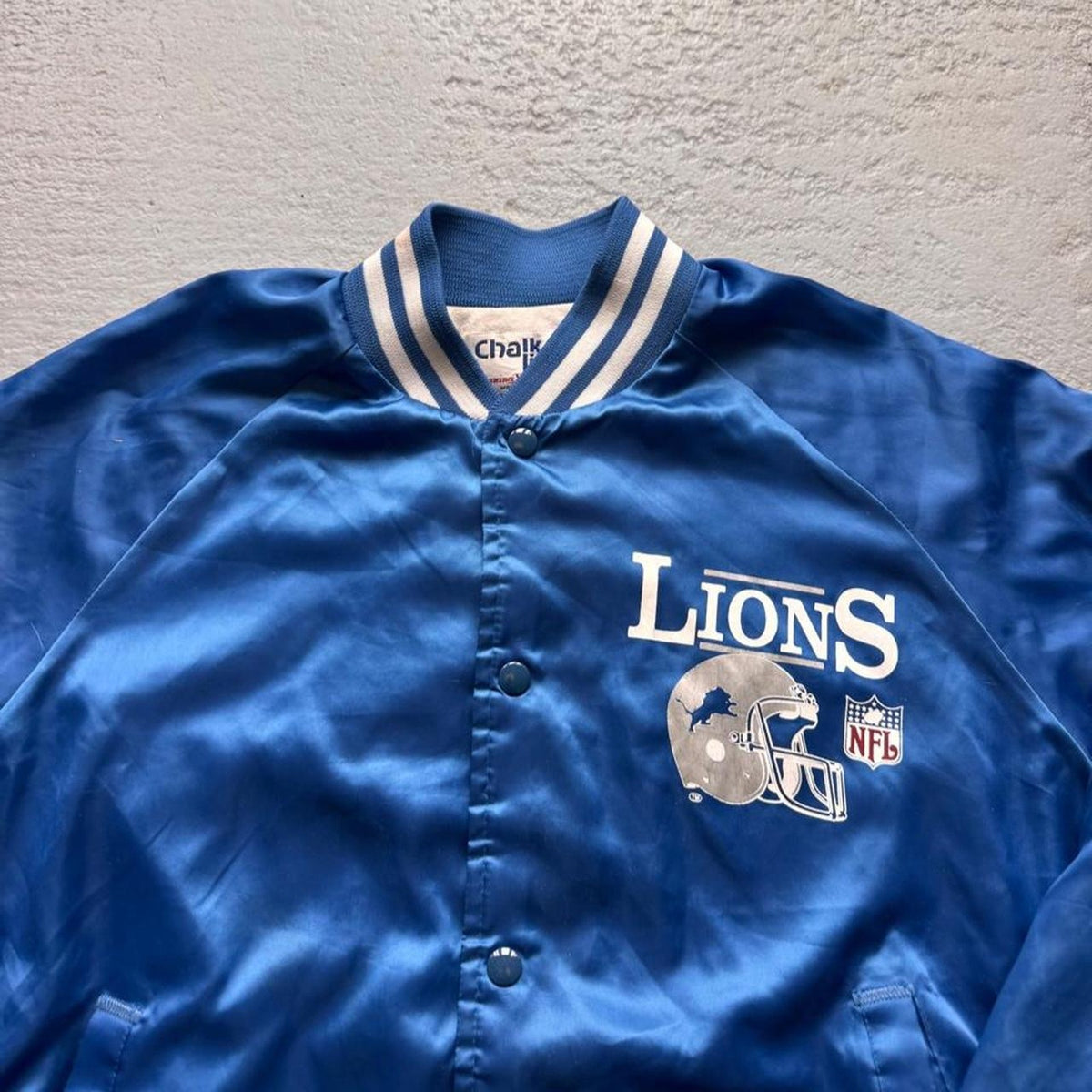 1980s Detroit Lions Chalk Line Satin NFL Bomber Jacket Made in USA | Large