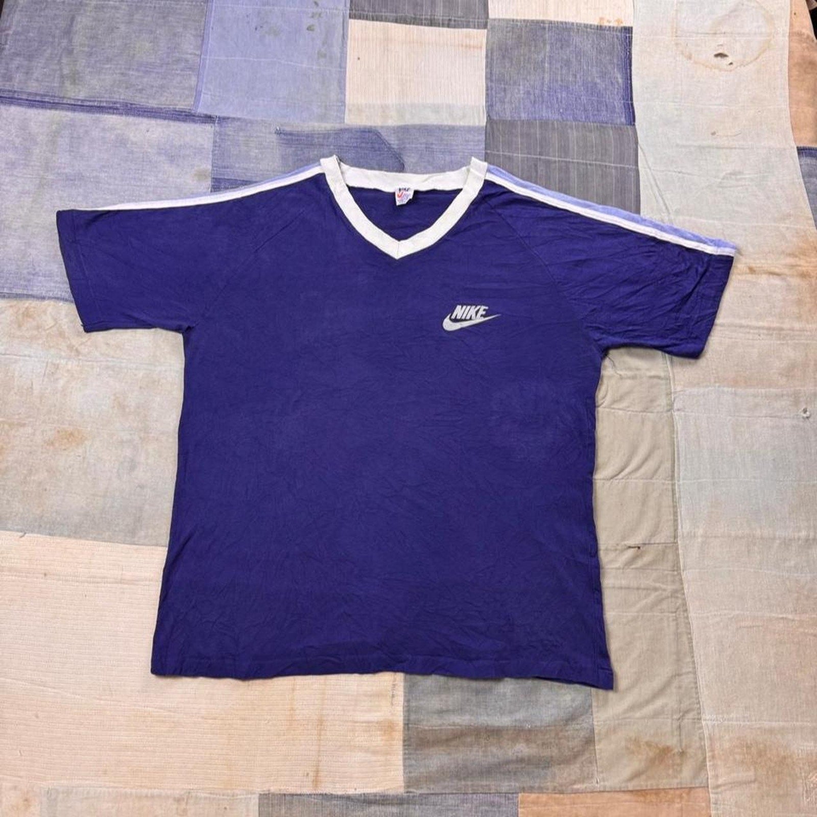 1980s Nike Sportswear Blue V-Neck Ringer Tee | Large